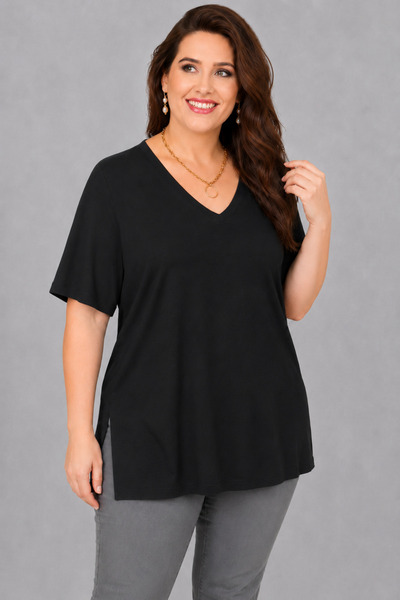 Curvy Trend Bluză cu decolteu în V și mânecă scurtă, mărime mare, Side cu fantă