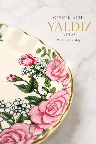 Sudedi Home Real Gold Gilded Rose Patterned 26 cm Serving Plate Single Stylish Presentation Cake Dessert Plate 1 Piece