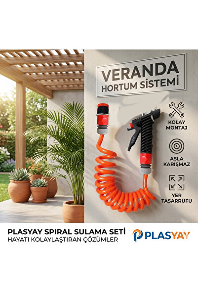 PLASYAY Spiral Balkon Araç Yıkama Bahçe Sulama Hortumu Ve Tetikli Tam Set Tur...