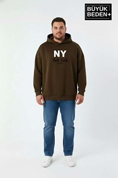 Süperlife سويت شيرت رجالي كبير الحجم بقلنسوة رفيعة مطبوع عليه NY New York SPR...
