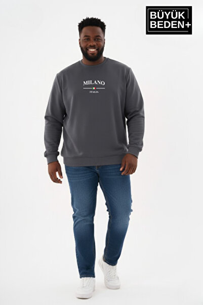 Süperlife Men's Plus Size Mi̇lano İtalia Ba Printed Light Collar Slim Sweatsh...