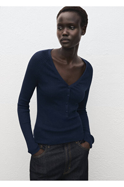 MANGO Woman Pullover aus Gummistrick mit V-Ausschnitt