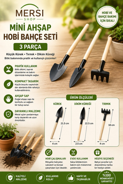 Mersi SHOP Mini Ahşap Hobi Bahçe Seti 3 Parça | Küçük Kürek Tırmık Dikim Araç...