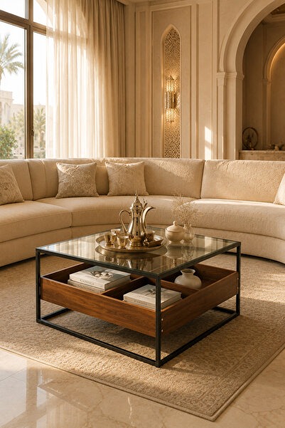 MARIA HOMES طاولة قهوة زجاجية عصرية مع حجرات تخزين خشبية وإطار أسود - 80×80×4...