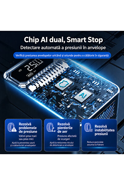 suitu Mini compresor auto portabil, chip AI, wireless, acumulator 7.4V, 150 PSI, display LCD, USB-C, 60W, pentru anvelope auto, biciclete, motociclete si articole gonflabile, accesorii, argintiu