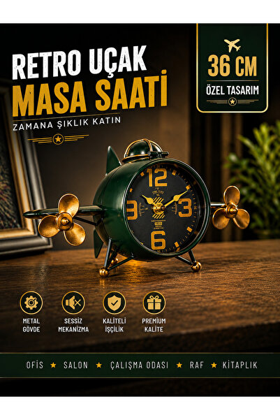 KOLAYEV Retro Uçak Tasarımlı Dekoratif Masa Saati Metal Vintage Ofis Salon Ra...
