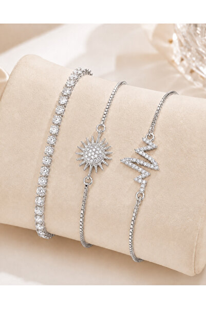 Merand 3-Piece Women's Steel Bracelet Set with Zircon Stones, Sun and Zigzag ...