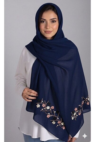 Veil Designer طرحة بوال كحلي ورد و اغصان قماش ياباني بتطريز علي طرفين الطرحه ...