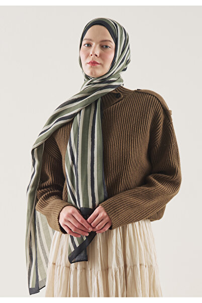 Freshscarfs Green Block Stripe Pattern Ramie Shawl