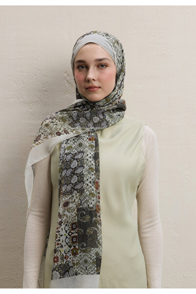 Freshscarfs Ethnıc Fıgure Desen İpek Krep Şal Haki