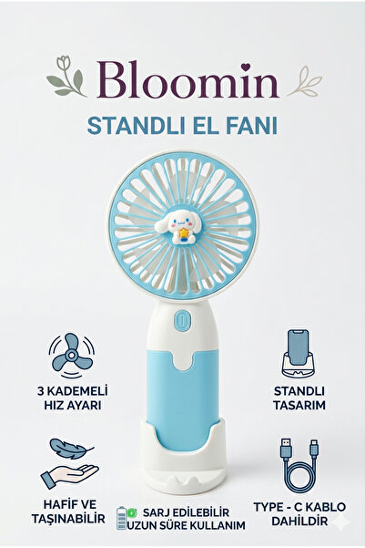 Bloomin Standlı Şarjlı Mini Taşınabilir El ve Masa Fanı - 3 Kademeli, Sevimli...