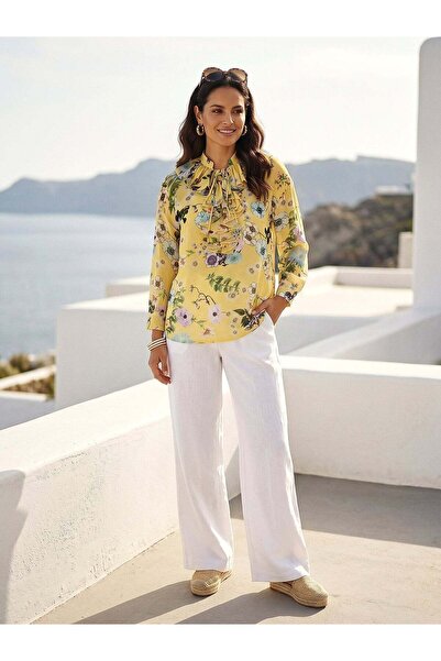 Women's Yellow Floral Patterned Ruffle Collar Chiffon Blouse – Flair Fit |Cotton Inner Layer | Lightweight Chiffon