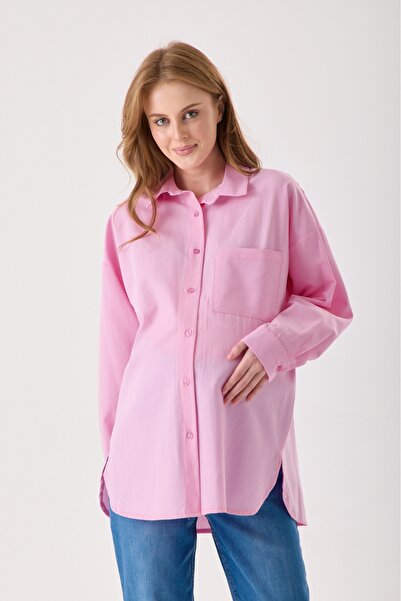 KATLİN MATERNİTY WEAR Hamile Oversize Kalıp Pembe Poplin Kumaş Gömlek, Tek ce...