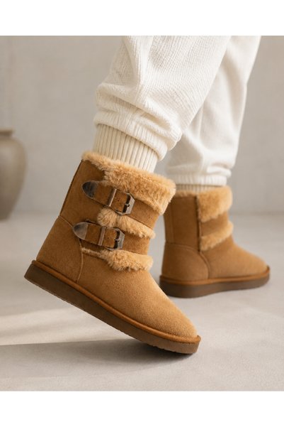 Noliva Women's Tan Suede Boots with Fur Inside, High Thin Sole Winter Boots
