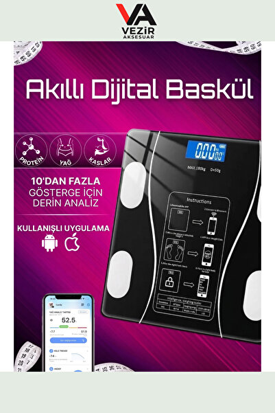 Vezir Aksesuar Akıllı Bluetooth Tartı – Kilo, Yağ, Kas, Su ve BMI Ölçer Dijit...