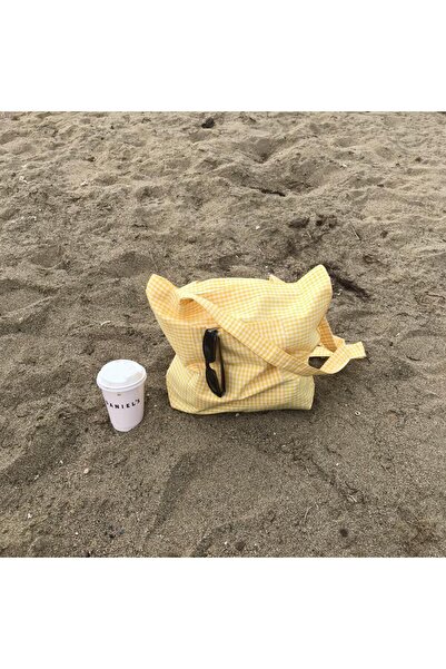Sumicorn Design Sarı Küçük Pötikareli Doğa Dostu Bez Çanta Cepli Keten Kol Ve...