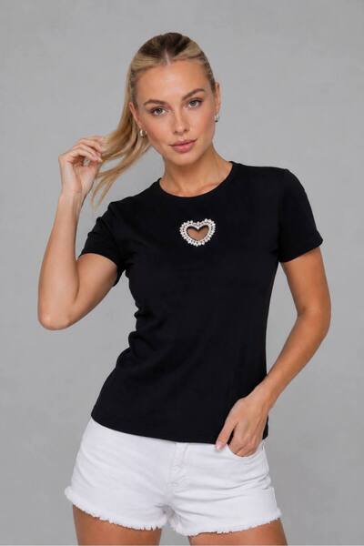 Park Karon Tricou cu nervuri subțiri cu decolteu și accesoriu inimă de piatră...