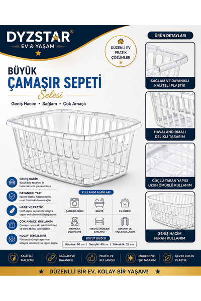 DYZSTAR Büyük Boy Şeffaf Çamaşır Sepeti Selesi Çok Amaçlı Plastik Düzenleme S...