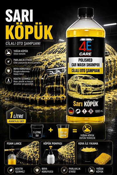 4E CARE NEON SARI CİLALI OTO YIKAMA KÖPÜĞÜ 1 LT (OTO YIKAMA SÜNGERİ HEDİYELİ)