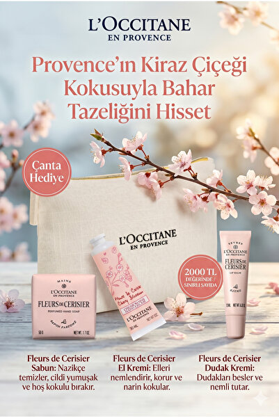 L'Occitane Fleurs de Cerisier Cilt ve El Bakım Keşif Seti, Özel Çantalı, 3'lü...