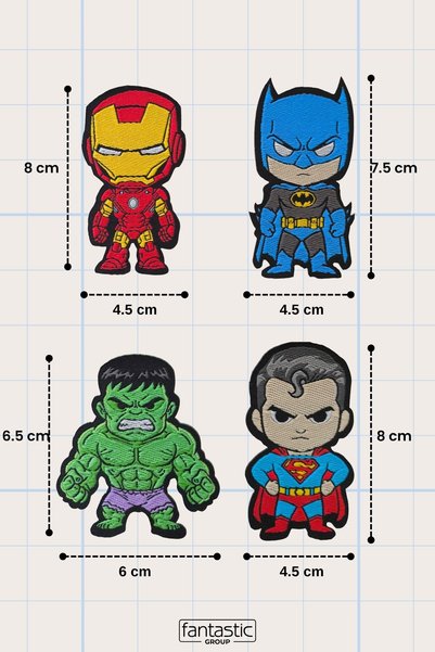FANTASTIC ARMA 4-Piece Superhero Badge Set - Iron-On Woven Patch - Iron Man, Hulk, Batman, Superman