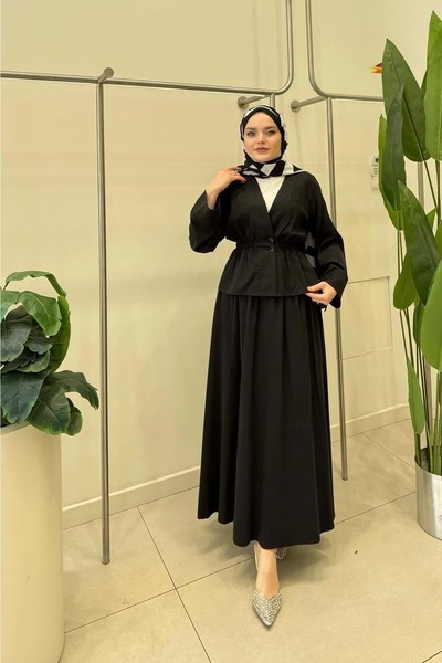 Rumella 26Y4317 TAKIM BLUZ ETEK , BELİ BÜZGÜLÜ ÖNÜ İKİ DÜĞMELİ SİYAH