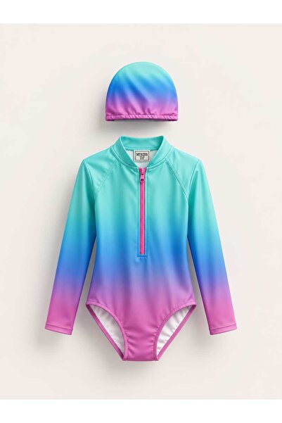 My Kids Wear Girl's Uv Protection Long Sleeve Zipper Swimsuit Set 12782