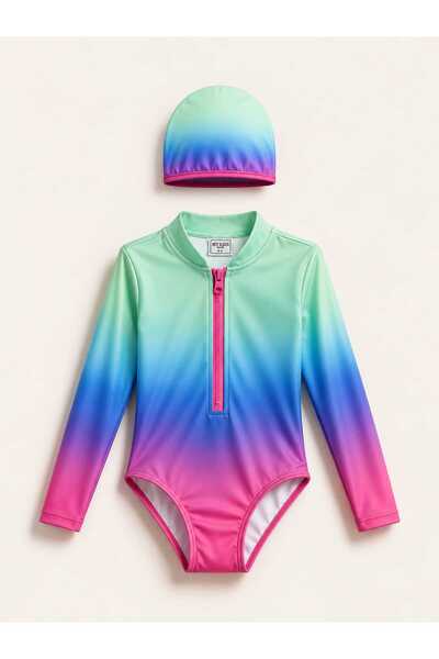 My Kids Wear Girl's Uv Protection Long Sleeve Zipper Swimsuit Set 12786