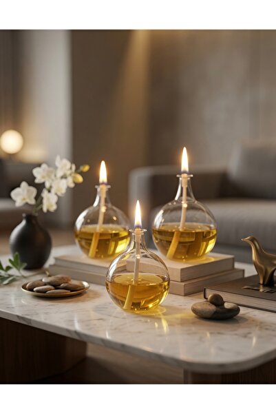 Shabbo Glass Ayaksız Drops Cam Kandil 3'lü Set + Kandil Yağı