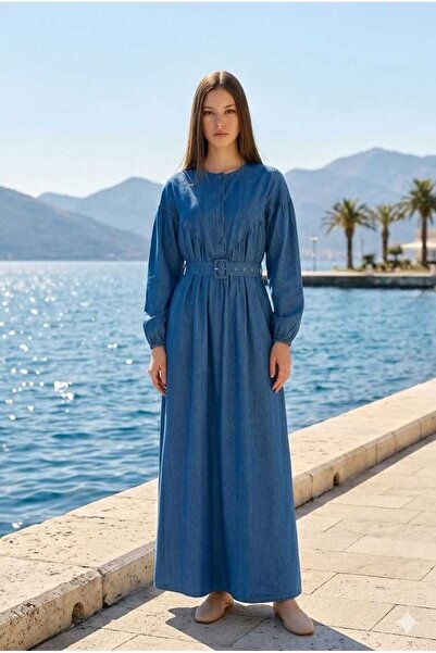 Neways 6586-Denim Büzgülü Elbise Koyu Mavi