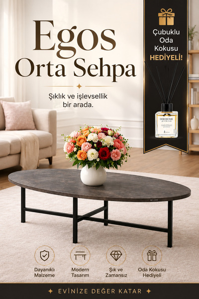 Bellona Egos Modern Orta Sehpa - Mermer Desenli - Gri Salon Sehpası