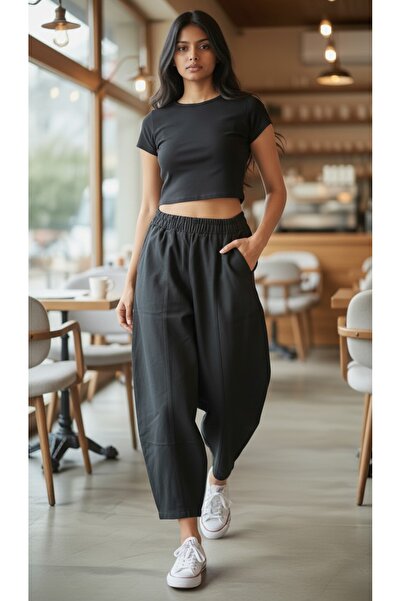 Butik Pamuk, Gabardin Kumaş Beli Lastikli Şalvar Pantolon.