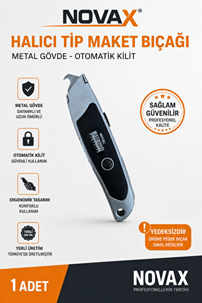 Novax Halıcı Tip Maket Bıçağı Metal Gövde Otomatik Kilit Sağlam YERLİ Markamı...