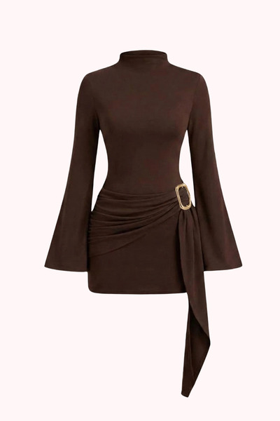 PASTELASTORE Rochie mini damă, cu guler înalt, cu curea cu detaliu cataramă