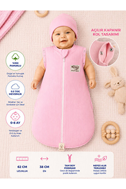 Tomuycuk Pembe Kız Bebek Uyku Tulumu %100 Pamuklu 0-6 Ay Fermuarlı Çıtçıtlı K...