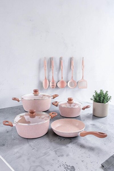 sahal aloula Oem Granite Cookware Set 12 Piece - Pink Wooden Handle Non Stick...