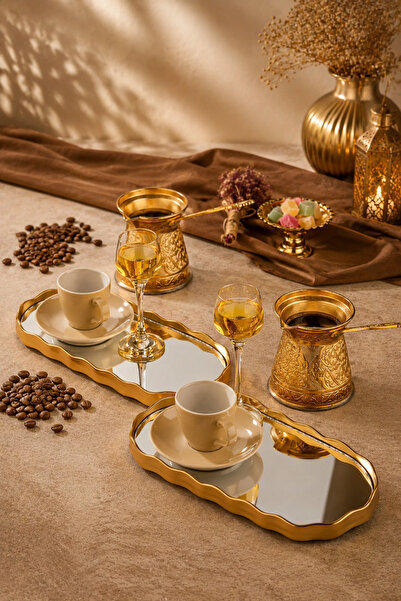 YzHome 2 Kişilik Aynalı Gold Sunum Servis Tepsisi Tepsi Dekoratif Ayna