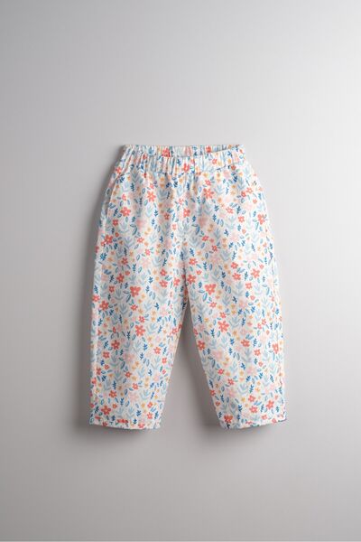 Bondberro Poplin Fabric Girls' Loose-Fit Balloon Pants 100% Cotton (Blue Floral)