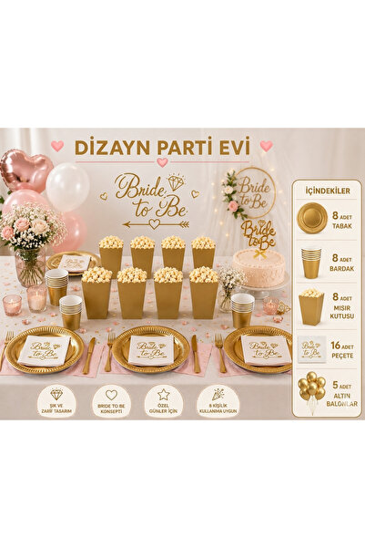 Dizayn Parti Evi Bride To Be 8 Kişilik Lüks Sofra Seti Gold – 8 Tabak 8 Barda...