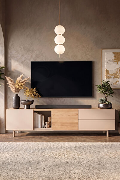 Yurudesign Sedra Tv Ünitesi Sehpası 2 Kapaklı 2 Geniş Çekmeceli Ahşap Ayak 18...