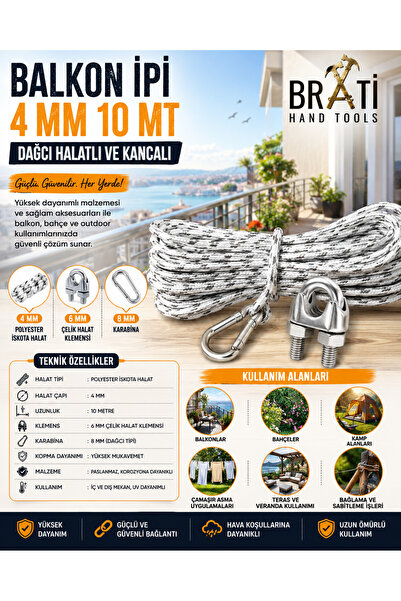 BRATİ HAND TOOLS Balkon Ipi 4 MM 10 Mt Dağcı Halatlı Ve Kancalı