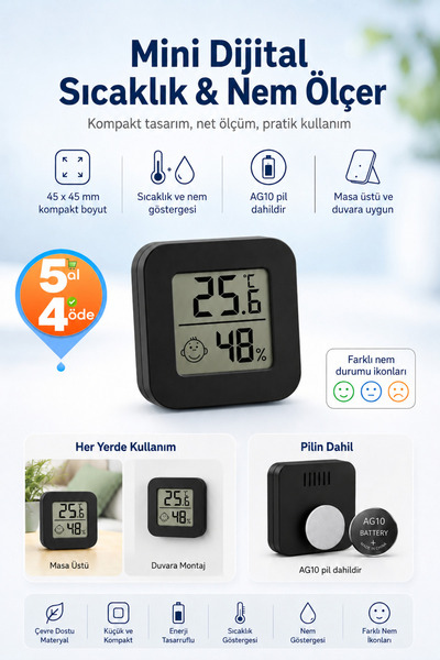Telvesse Mini Sıcaklık Nem Ölçer LCD Ekranlı Oda Termometre Duvara Takılabile...
