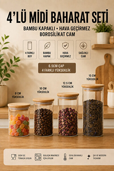 NimaWare 4'lü Bambu Kapaklı Hava Geçirmez Cam BaharatSeti 6.5cm Çap 8-10-12.5...