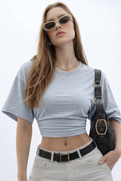 COMBİNE MİCHAİL Kadın Basic Bel Detaylı Gri Crop Bluz