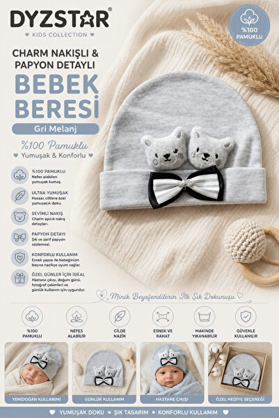 DYZSTAR Charm Embroidered Bow Tie Detailed Cotton Baby Beanie Gray Melange Ne...