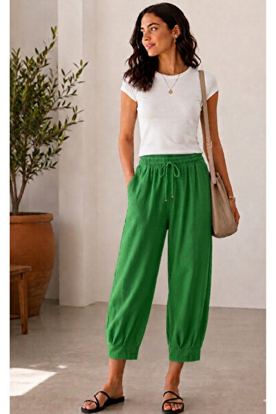 sarıdağ Loose-Fitting Wide-Leg Sofia Linen Trousers with Narrow Legs