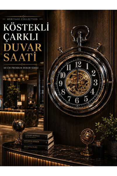 KOLAYEV 60 Cm Köstekli Çarklı Duvar Saati Premium Metal Vintage Dekoratif Sal...