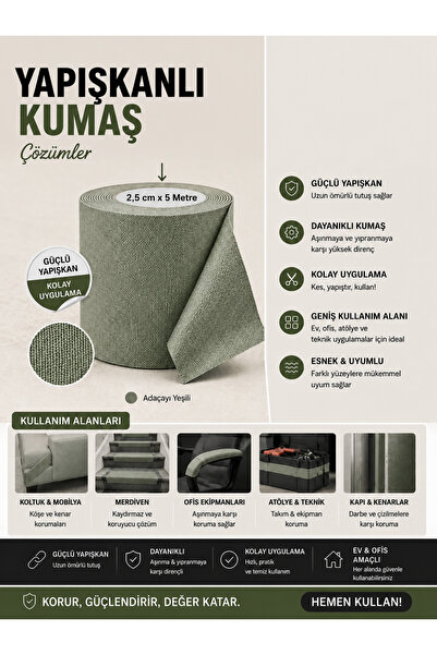 Aybas 2,5 cm x 5 Metre Adaçayı Yeşili Yapışkanlı Kumaş Bant – Kendinden Yapış...