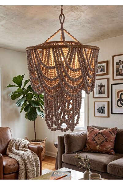 Lessio Home Doğal Rattan El Örmesi Gri Ahşap Boncuklu Avize - İskandinav & Bo...