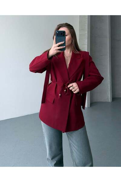FERZOLAİO Omuz Detaylı Belden Kuşaklı Bordo Blazer Ceket